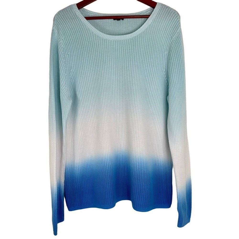 Talbots Womens Blue Ombré Knit Pullover Sweater Size XL Cotton Boho Casual